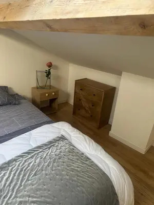 a bedroom with a bed in a loft at CARPENTRAS appartement 3e étage situé dans le centre historique in Carpentras