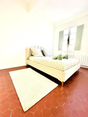 a bed in a room with a rug at Design and Provençal Elegance Suite in Aix in Aix-en-Provence