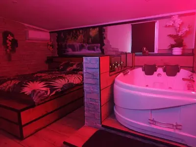 a bathroom with a tub and a bedroom with a bed at Casa Lova Spa Privé, Clim,Baignoire balnéo in Entraigues-sur-la-Sorgue