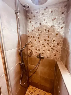 a bathroom with a shower with a stone wall at Duplex Cosy Aix proche CV terrasse clim parking in Aix-en-Provence
