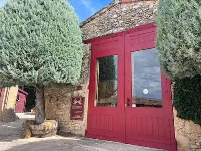 a red door on a stone building with a tree at Villa des Cyprès - Charmante maison provençale - Jardin et piscine privés au cœur d un Domaine Viticole Château de Barbebelle Rognes - 10 personnes - Proche d'Aix-en Provence in Rognes
