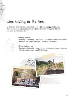 a page of a flyer for a wine tasting in the shop at Villa des Cyprès - Charmante maison provençale - Jardin et piscine privés au cœur d un Domaine Viticole Château de Barbebelle Rognes - 10 personnes - Proche d'Aix-en Provence in Rognes