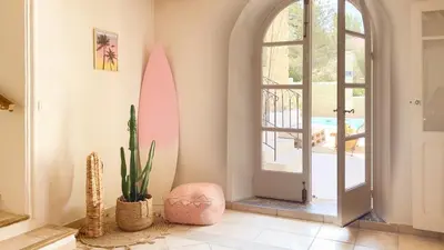 a hallway with a door and a cactus in a room at Charming House At The Foot Of Luberon In Maubec in Maubec