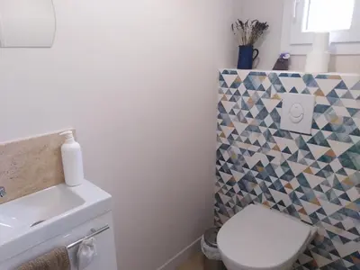 a bathroom with a toilet and a mosaic tile wall at Les lauriers in Aubignan