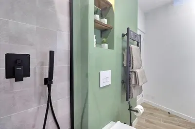 a bathroom with a toilet and a green wall at La Parenthèse Aixoise - 3 stars - Parking - Clim in Aix-en-Provence