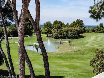 a golf course with a pond and trees at Appartement golf saumane Celomidie in Saumane-de-Vaucluse