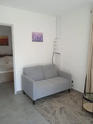 a white couch in a room with a painting on the wall at Tiny House T1 in Entraigues-sur-la-Sorgue