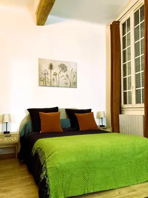 a bedroom with a green bed with two lamps at AQUA TERRA-Studio Cozy-Aix Historic Center- SMART TV-WIFI in Aix-en-Provence