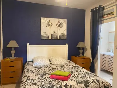 a bedroom with a bed with two night stands and two lamps at Villa Soleil Piscine Jacuzzi Pétanque Espace bbq billard et salons extérieurs in Aix-en-Provence