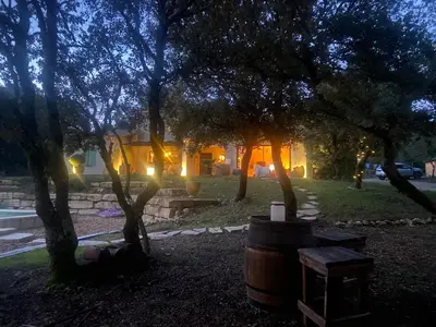 a house lit up at night with a bunch of trees at Le bois des chênes in Peypin-dʼAigues