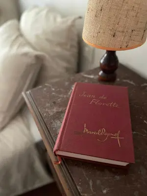 a red book sitting on a table next to a bed at Maison Loucacia in Mormoiron