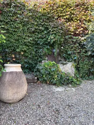 a large stone vase sitting in front of a hedge at Mas Provençal avec piscine à Gordes in Gordes