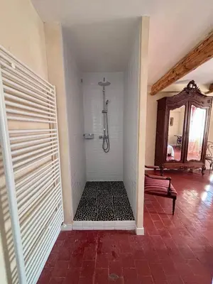a walk in shower in a room with a mirror at Mas Provençal avec piscine à Gordes in Gordes