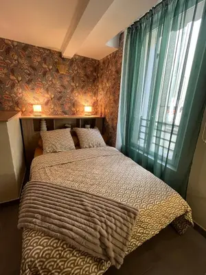 a bedroom with two beds and a window at L'Odelisle Appartement plein centre avec terrasse in LʼIsle-sur-la-Sorgue