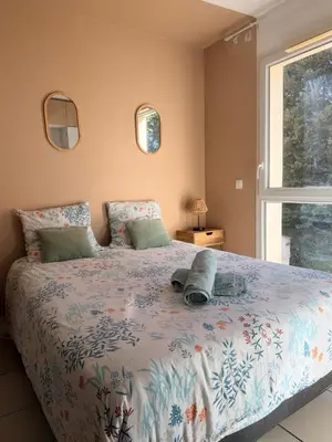 a bedroom with a large bed with a window at Le Clos d'AIX studio 205 in Aix-en-Provence