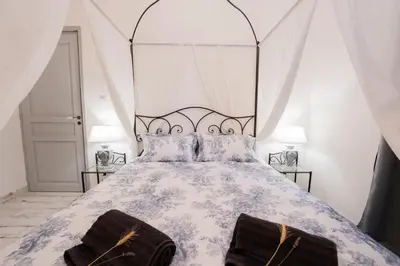 a bedroom with a large bed with a canopy at La Maison de Claire à Plan d'Orgon in Plan-dʼOrgon