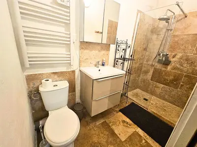a bathroom with a toilet and a sink and a shower at Au coeur de la Venise Povençale in LʼIsle-sur-la-Sorgue