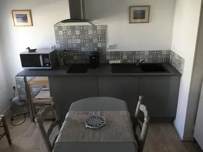 a kitchen with a table and a sink and a microwave at Superbe appartement dans la Venise Provençale in LʼIsle-sur-la-Sorgue