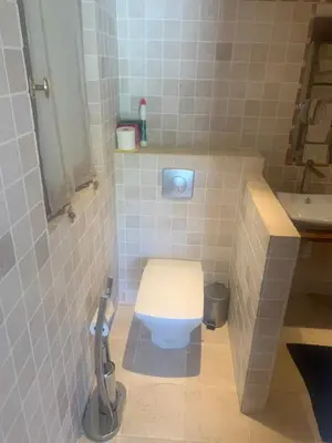 a bathroom with a white toilet and a sink at La Bergerie de Saignon in Saignon