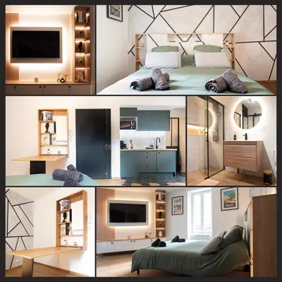 a collage of photos of a bedroom with a bed and a tv at Studio Cosy au Cœur de la Ville in Salon-de-Provence