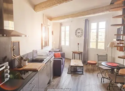 a room with a kitchen and a living room at Duplex entre Palais de justice et Cours Mirabeau, Climatisation in Aix-en-Provence
