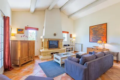 a living room with a couch and a fireplace at Villa A l'ombre du Géant climatisée piscine pour 8 personnes in Saint-Pierre-de-Vassols