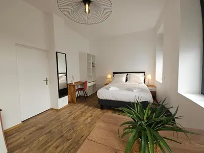 a bedroom with a bed and a potted plant at La Bastide Foch - Appart'Hôtel Calme & Confort Centre Ville in Salon-de-Provence