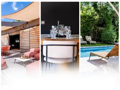 a collage of three pictures of a house with a pool at Modern Loft With Pool Near Lourmarin in Puget
