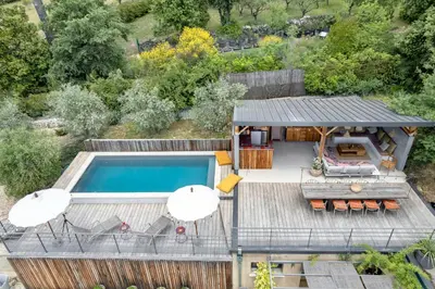 an overhead view of a house with a swimming pool at House With Rooftop Terrace And Pool In Lourmarin in Puget