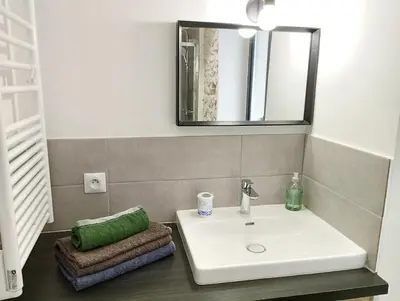 a bathroom with a white sink and a mirror at Joli appartement centre village au calme in Châteaurenard