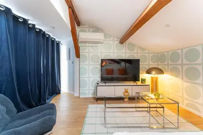 a living room with a couch and a tv at Design & Cozy, 10 meters from Cours Mirabeau, AC in Aix-en-Provence