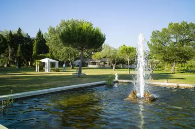 a fountain in the middle of a pond in a park at Le Mas de Guilles in Lourmarin