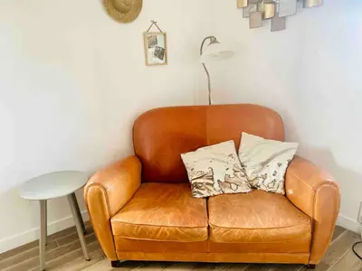 a brown leather chair with two pillows on it at Cocon cosy et calme au coeur du centre historique in Aix-en-Provence