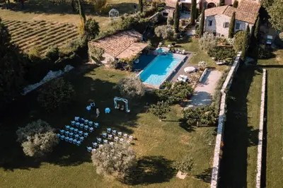 an aerial view of an estate with a swimming pool at Domaine de la barbeirasse in Céreste