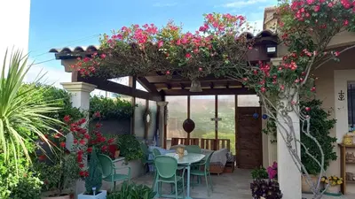 a patio with a table with flowers on it at Villa Figlio en Provence avec petite piscine in Châteaurenard