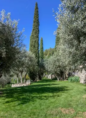 a field of grass with trees and a pyramid in the background at Le Hameau des Sources Lourmarin Luberon in Lourmarin