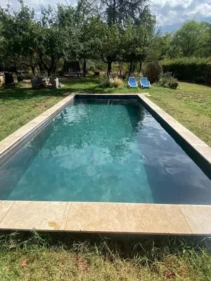 a swimming pool with blue water in a yard at La Roussillonnaise in Roussillon