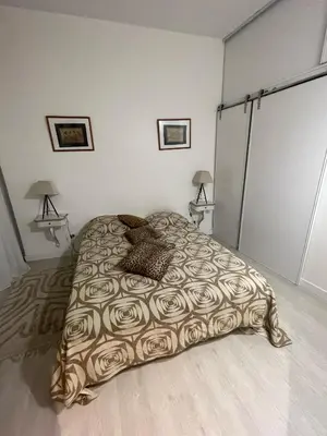 a bedroom with a bed with a blanket on it at T2 calme centre Aix Clim Fibre in Aix-en-Provence