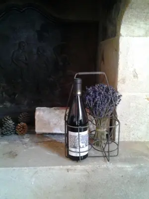 a bottle of wine sitting next to a vase of flowers at Mas De Hameau in Oppède