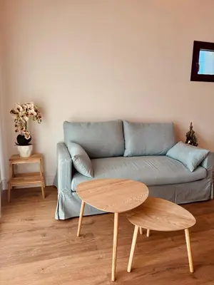 a living room with a couch and a table at Esprit Lubéron, La Lavande, logement entier in Le Thor