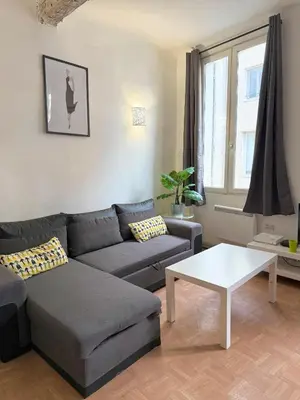 a living room with a couch and a table at L'essentiel - Studio cosy au cœur du centre ville historique d'Aix-en-Provence in Aix-en-Provence