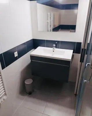 a bathroom with a sink and a mirror at Jolie maison tout confort in Monteux