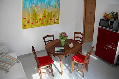 a dining room table with chairs and a vase of flowers at Mas Provençal - 300 m2 - 7 chambres in Cavaillon