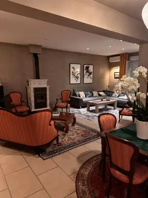 a living room with a couch and a fireplace at Farm House, 10 min d'Avignon in Jonquerettes