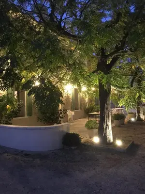 a tree in front of a building with lights at Farm House, 10 min d'Avignon in Jonquerettes