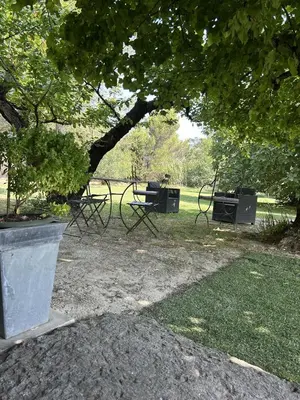 a group of picnic tables in a park under a tree at Maison Satine in Noves