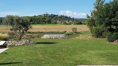 a field with a tree and a bench in the grass at Domaine De Pradaous in Reillanne