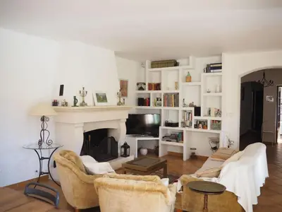 a living room with two couches and a fireplace at Holiday Home Charmantes Landhaus mit Garten by Interhome in Pierrevert