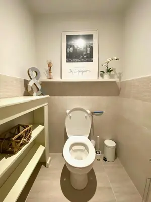 a bathroom with a toilet with a picture on the wall at L' Ecrevisse in LʼIsle-sur-la-Sorgue