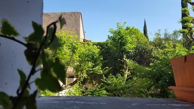 an outside view of a garden with trees and a building at Les Roues de L'Isle - CHARMING APARTMENT in LʼIsle-sur-la-Sorgue